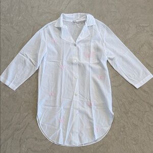 Vintage butterfly cotton nightshirt White Button-Up Shirt with Pink Embroidery